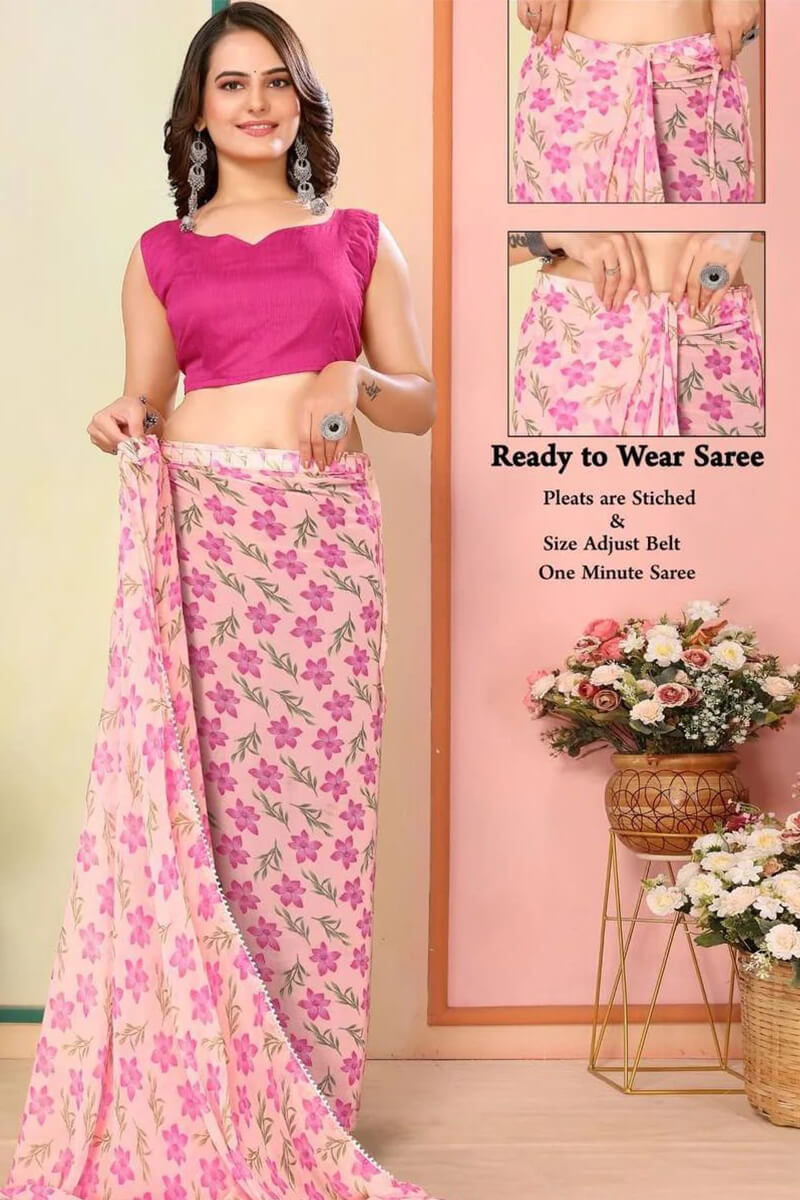 Cynosure 1-Minute Ready To Wear Pink Georgette Saree