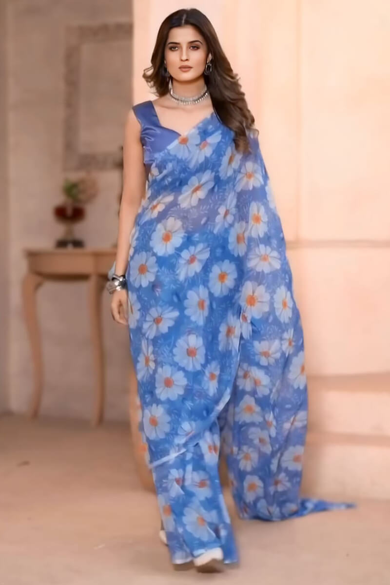 Blooming 1-Minute Ready To Wear Blue Georgette Saree