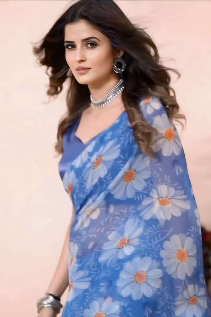 Blooming 1-Minute Ready To Wear Blue Georgette Saree