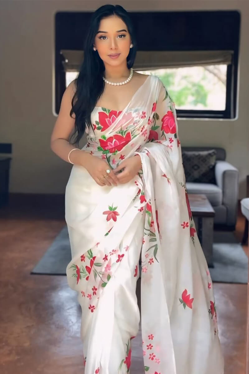 Opulent 1-Minute Ready To Wear White Organza Silk Saree