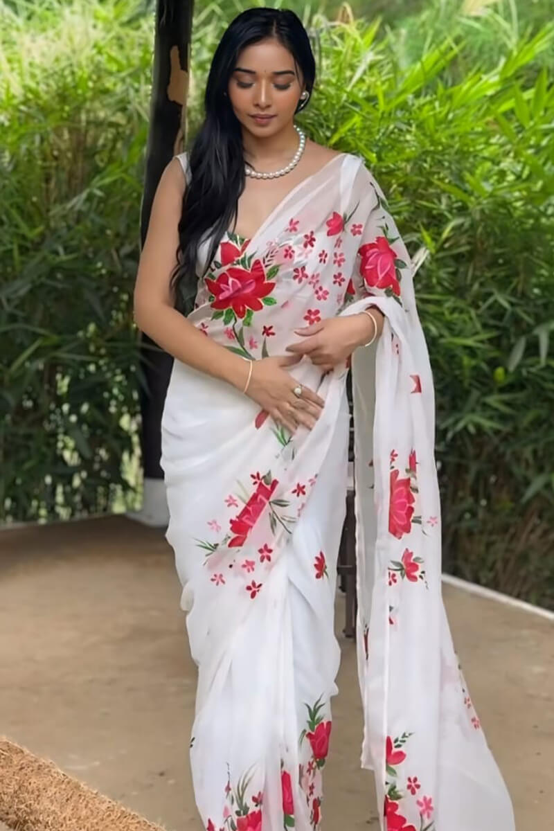 Opulent 1-Minute Ready To Wear White Organza Silk Saree