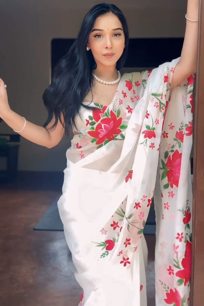 Opulent 1-Minute Ready To Wear White Organza Silk Saree