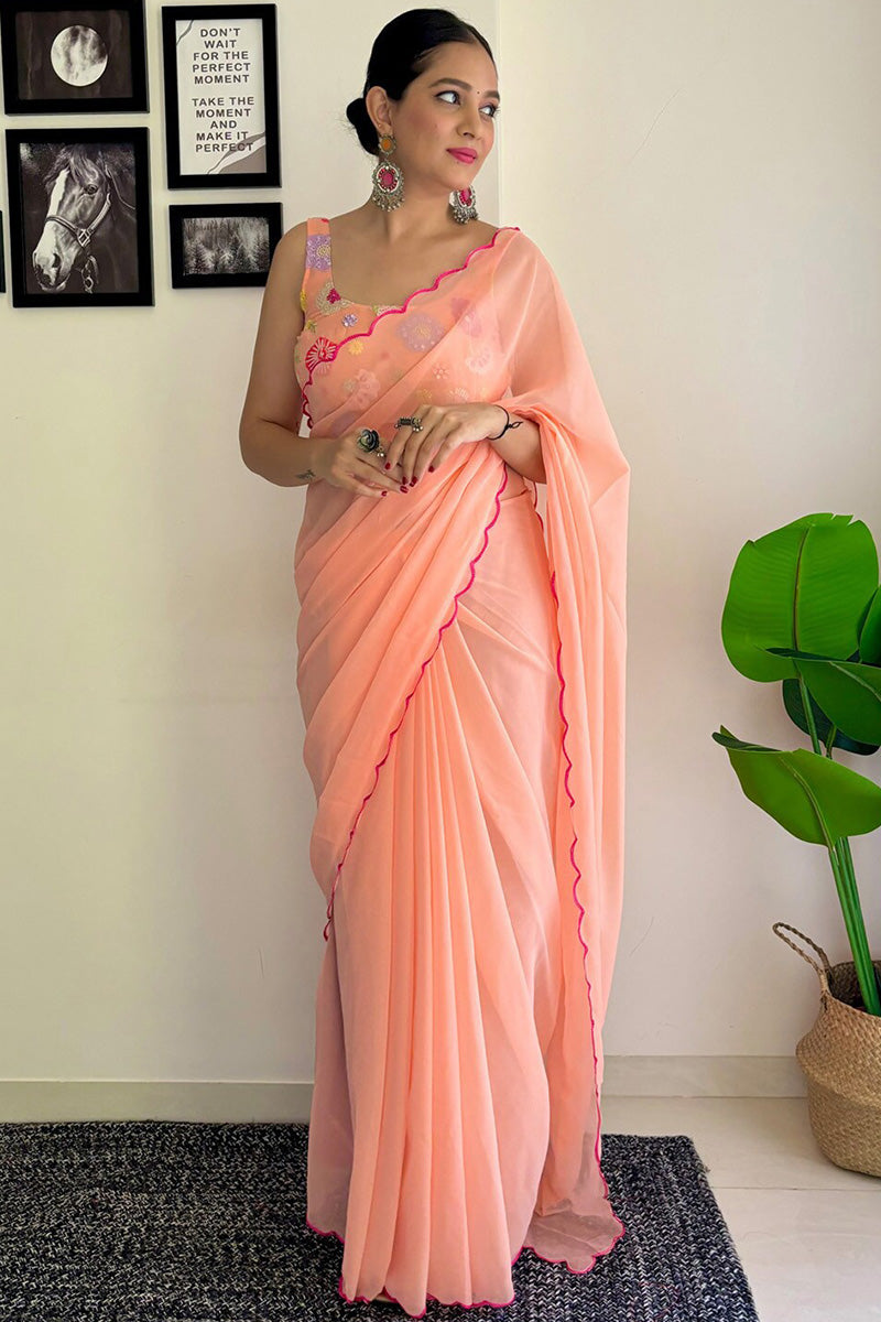 Grandiose 1-Minute Ready To Wear Peach Georgette Saree