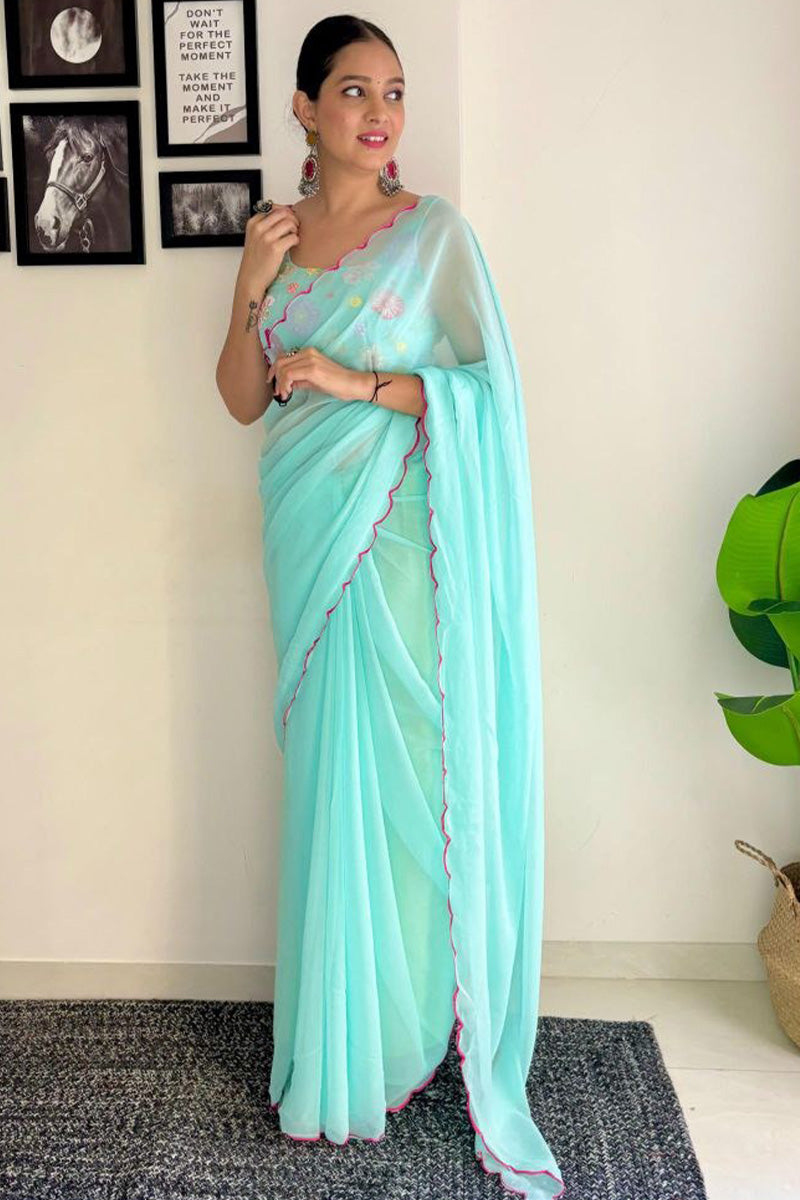 Symmetrical 1-Minute Ready To Wear Sky Georgette Saree