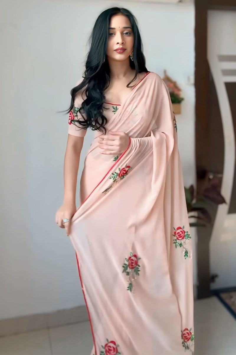 Staring 1-Minute Ready To Wear Peach Georgette Saree