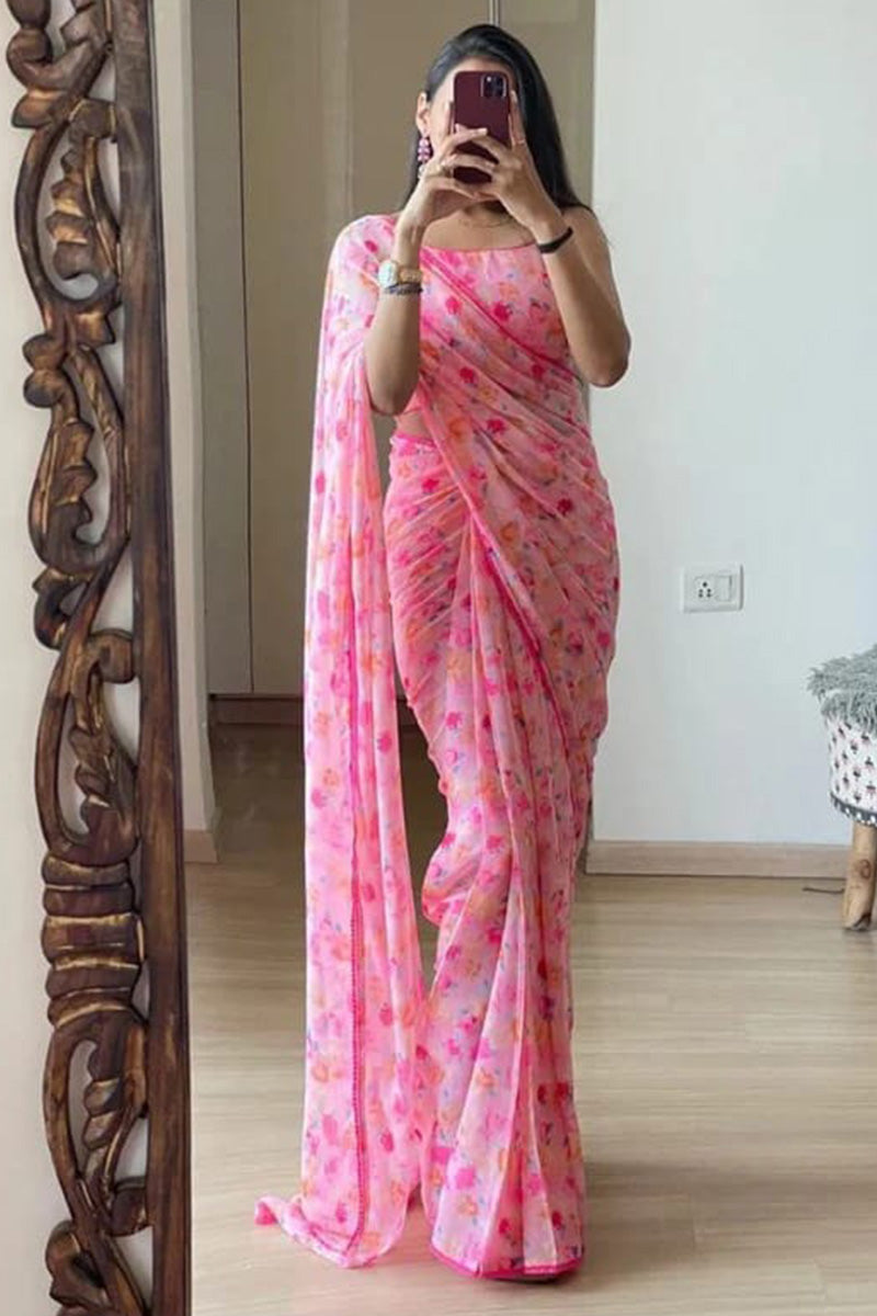 Flattering 1-Minute Ready To Wear Pink Georgette Saree