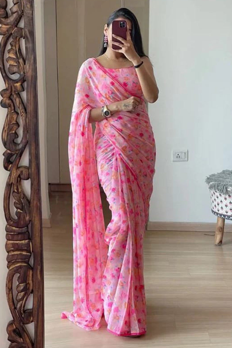 Flattering 1-Minute Ready To Wear Pink Georgette Saree