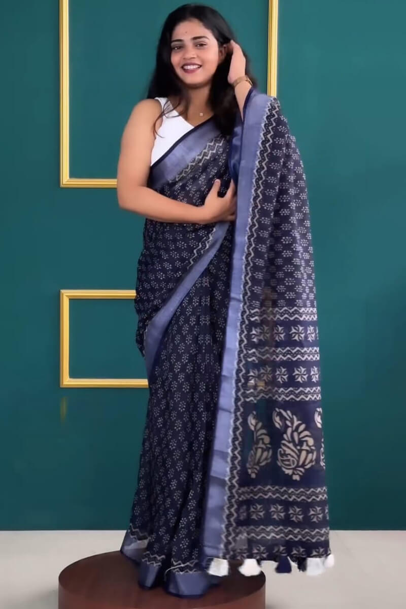 Blooming 1-Minute Ready To Wear Navy Blue Cotton Saree