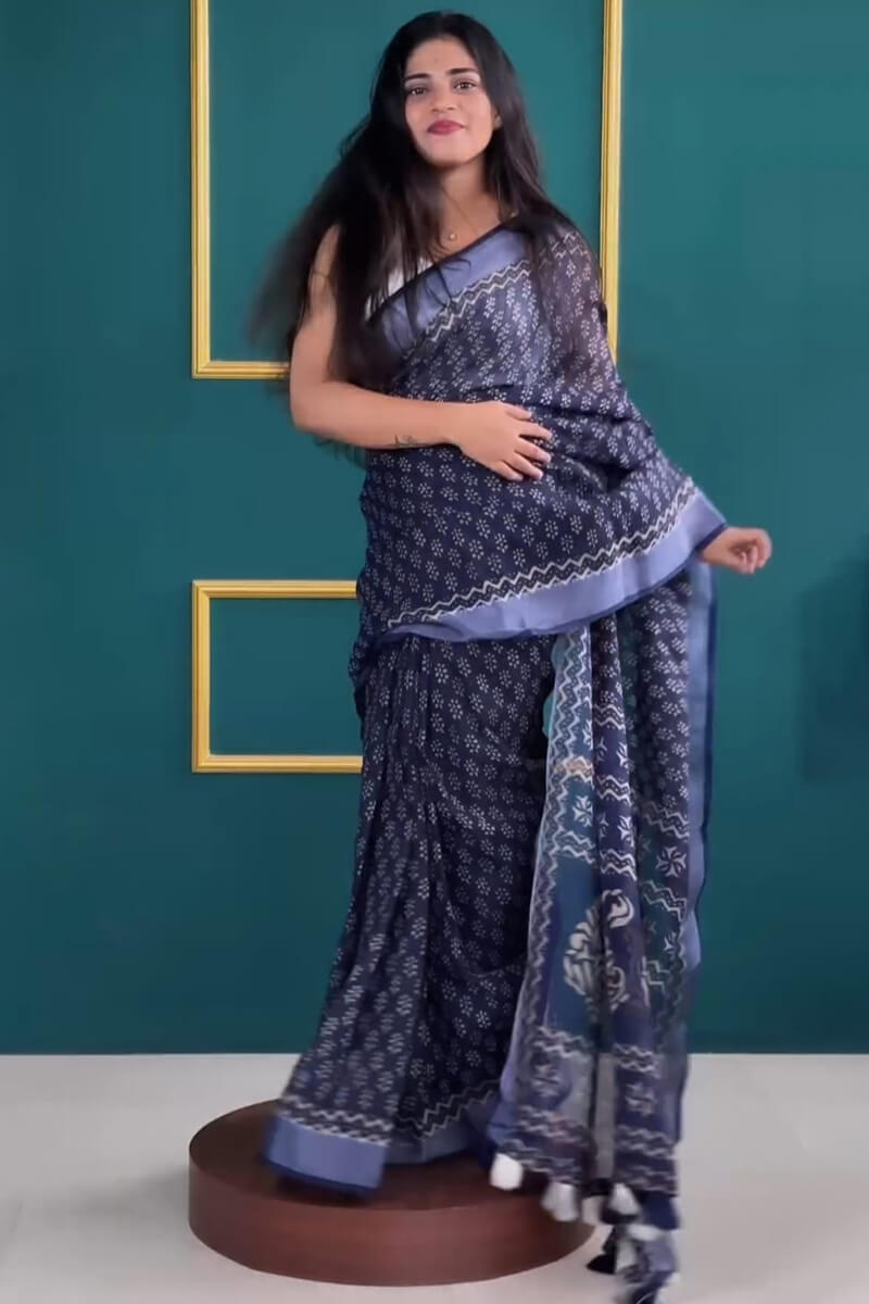 Blooming 1-Minute Ready To Wear Navy Blue Cotton Saree