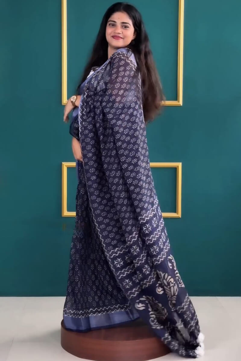 Blooming 1-Minute Ready To Wear Navy Blue Cotton Saree