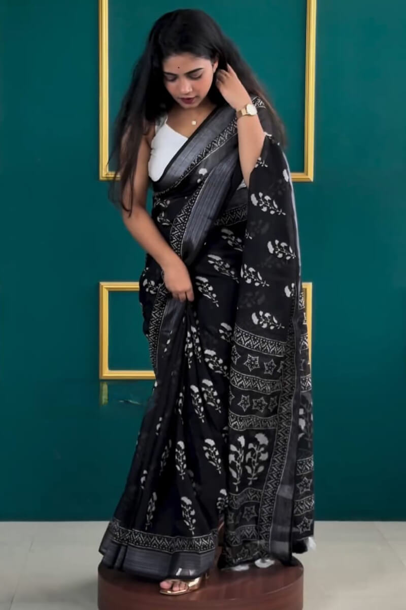 Flattering 1-Minute Ready To Wear Black Cotton Saree