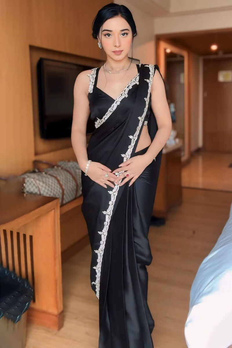 Lovely 1-Minute Ready To Wear Black Satin Silk Saree