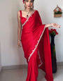 Outstanding 1-Minute Ready To Wear Red Satin Silk Saree