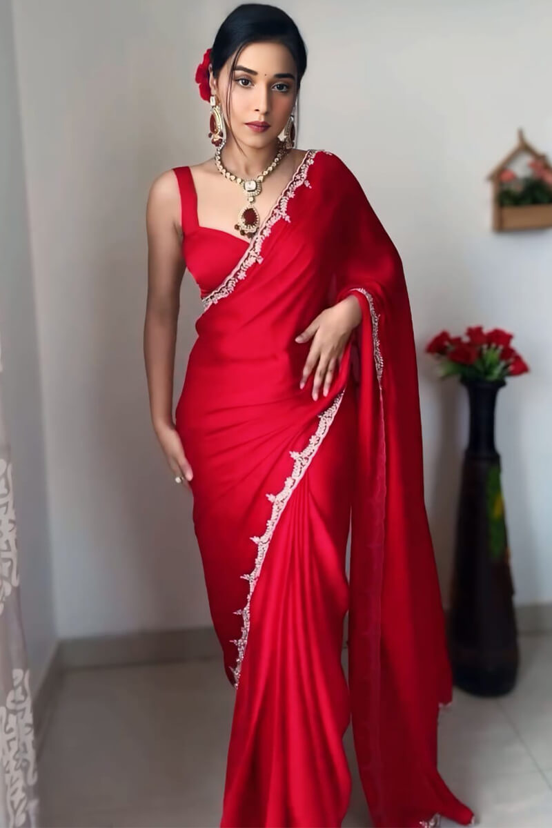 Outstanding 1-Minute Ready To Wear Red Satin Silk Saree