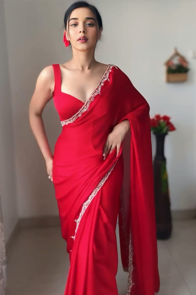 Outstanding 1-Minute Ready To Wear Red Satin Silk Saree