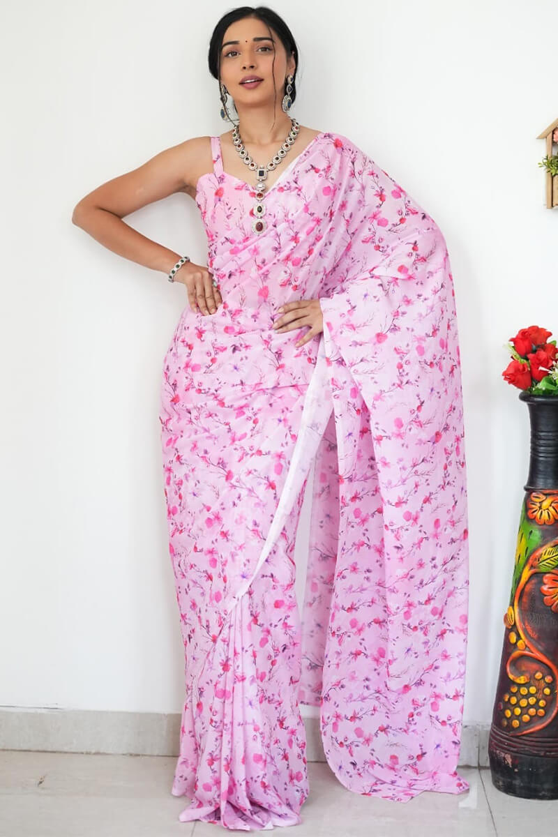 Extraordinary 1-Minute Ready To Wear Baby Pink Printed Satin Silk Saree