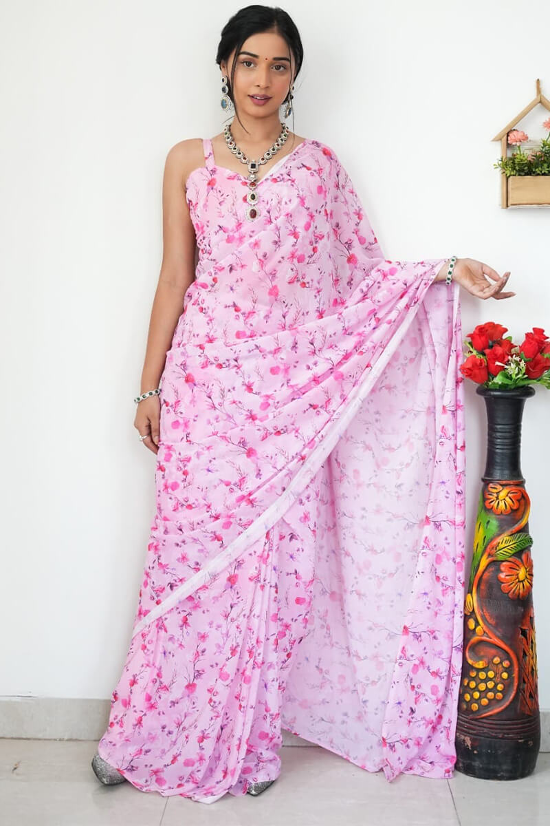 Extraordinary 1-Minute Ready To Wear Baby Pink Printed Satin Silk Saree