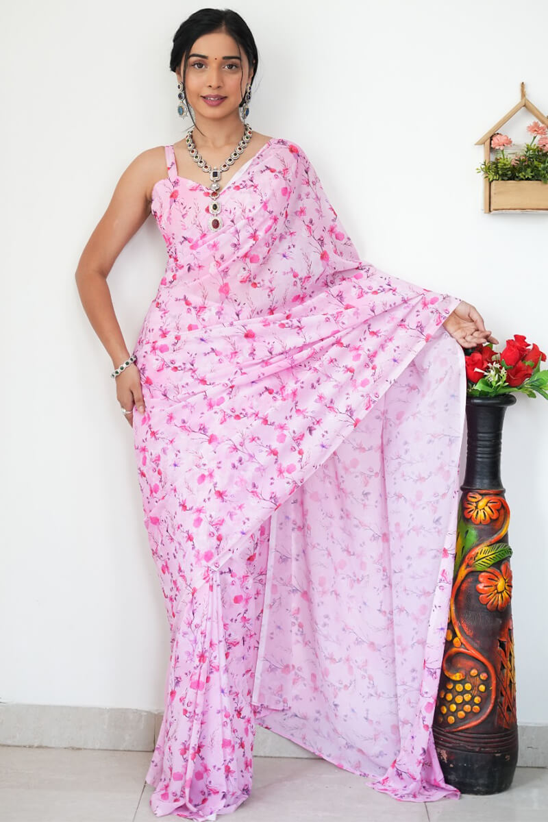 Extraordinary 1-Minute Ready To Wear Baby Pink Printed Satin Silk Saree