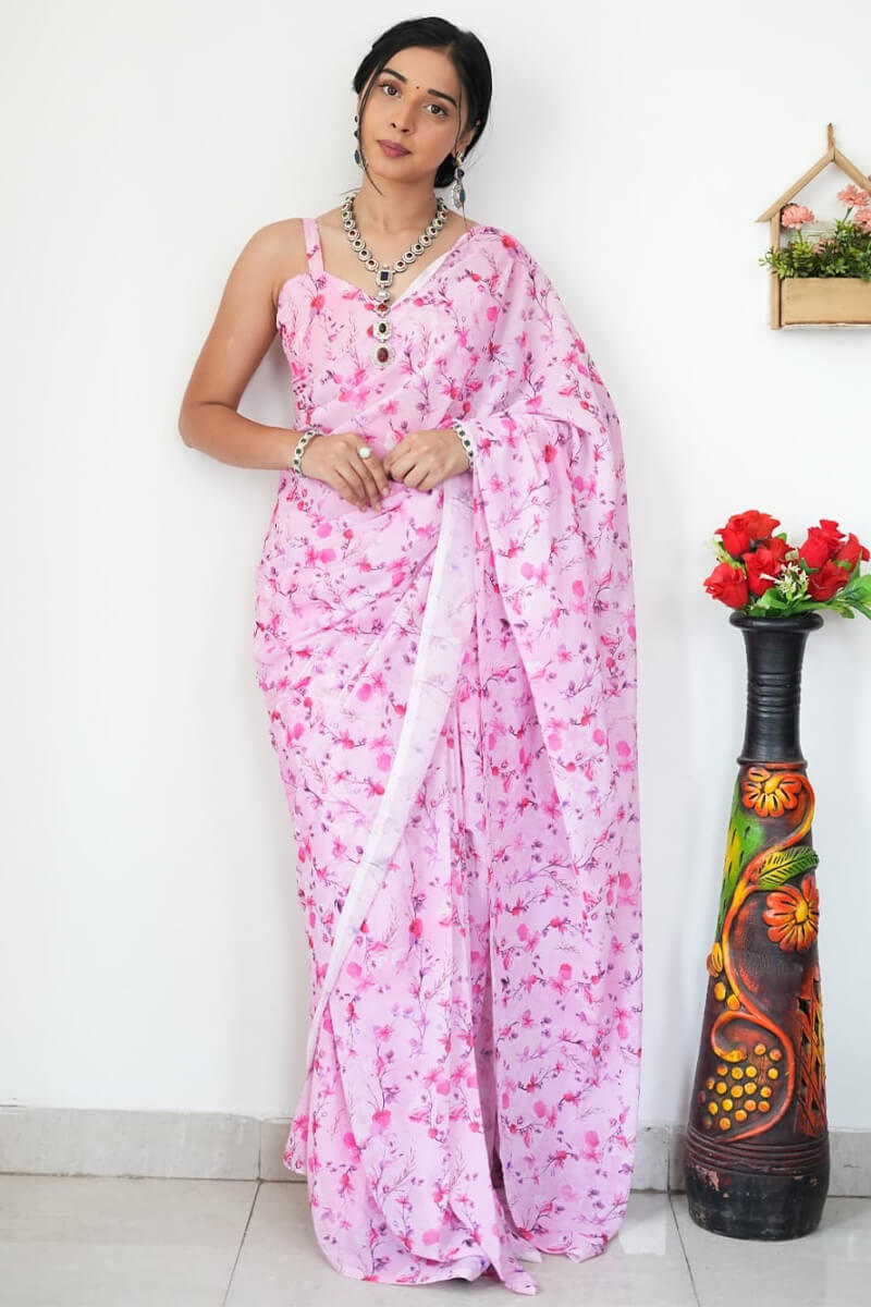 Extraordinary 1-Minute Ready To Wear Baby Pink Printed Satin Silk Saree