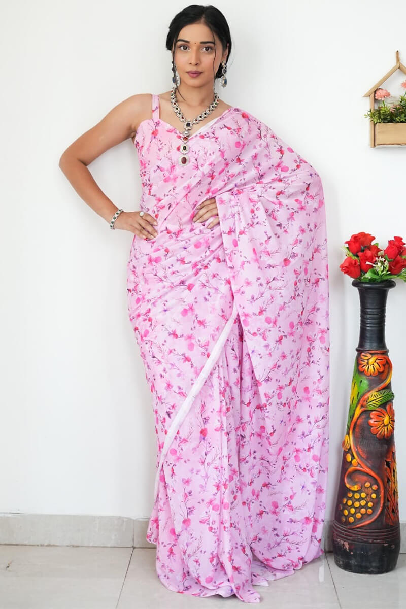 Extraordinary 1-Minute Ready To Wear Baby Pink Printed Satin Silk Saree