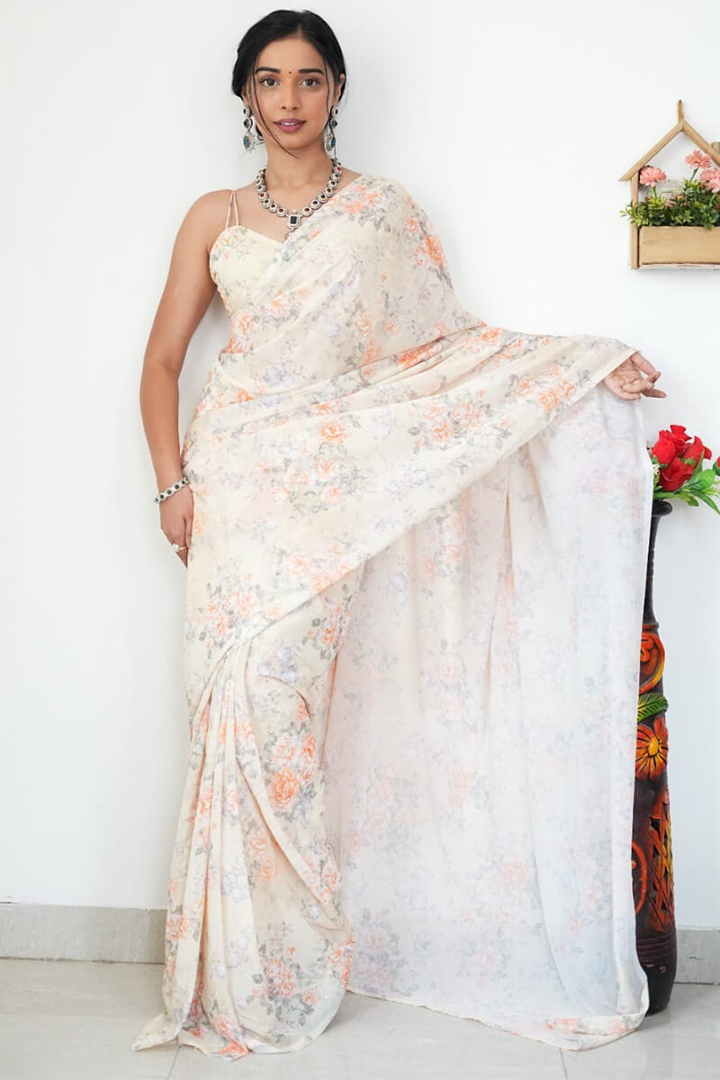 Lovely 1-Minute Ready To Wear Beige Printed Satin Silk Saree