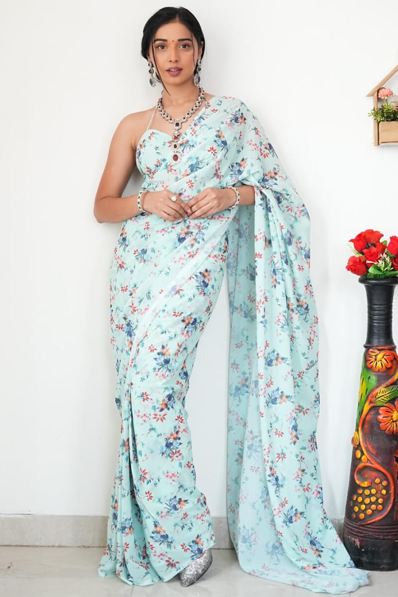 Gratifying 1-Minute Ready To Wear Light Sea Green Printed Satin Silk Saree