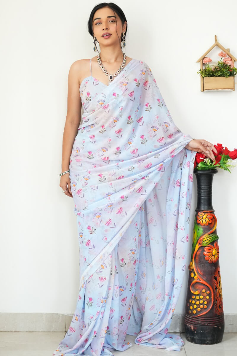 Jazzy 1-Minute Ready To Wear Sky Printed Satin Silk Saree