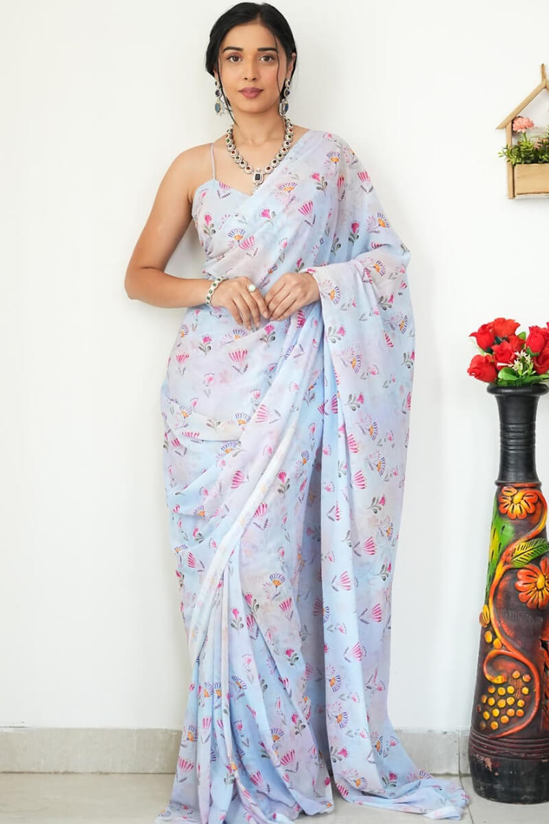 Jazzy 1-Minute Ready To Wear Sky Printed Satin Silk Saree