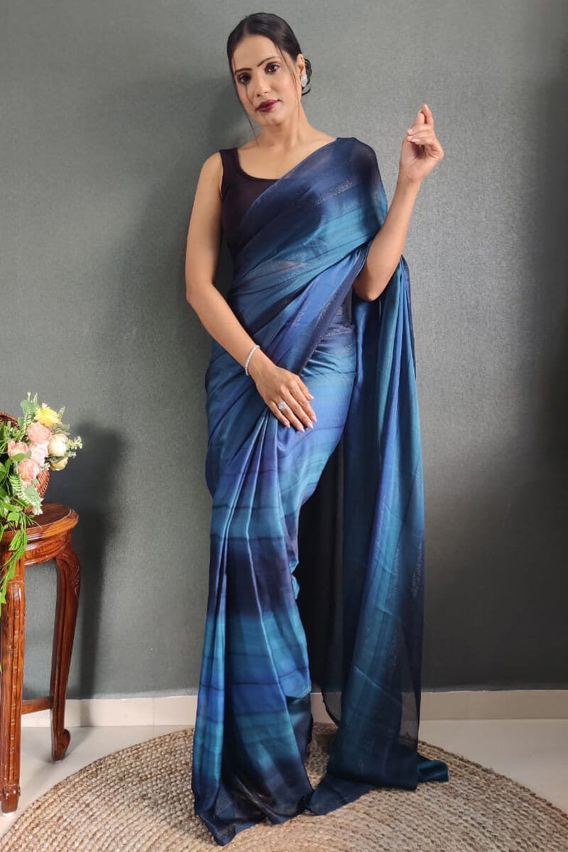 Engaging 1-Minute Ready To Wear Navy Blue Nylon Silk Saree