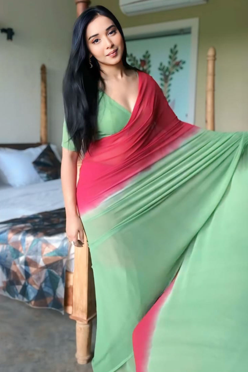 Dissemble 1-Minute Ready To Wear Red and Green Georgette Saree