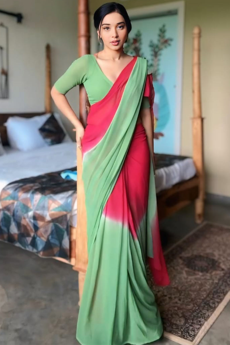 Dissemble 1-Minute Ready To Wear Red and Green Georgette Saree