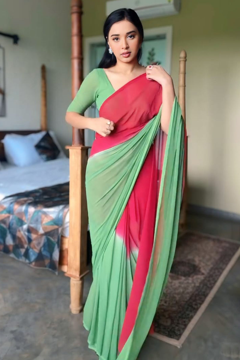 Dissemble 1-Minute Ready To Wear Red and Green Georgette Saree