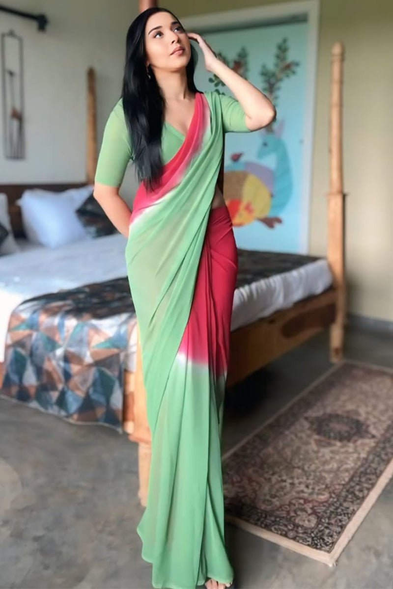 Dissemble 1-Minute Ready To Wear Red and Green Georgette Saree