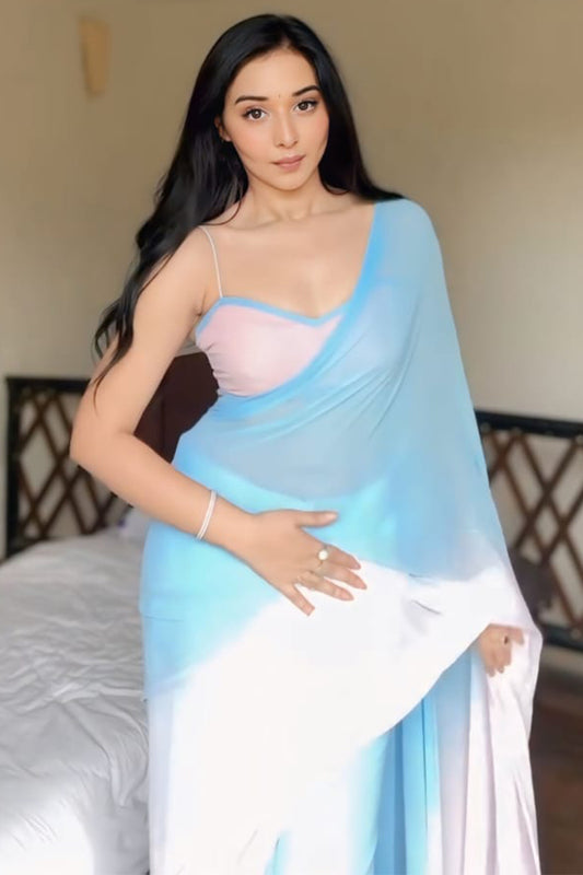 Beauteous 1-Minute Ready To Wear Sky and Baby Pink Georgette Saree