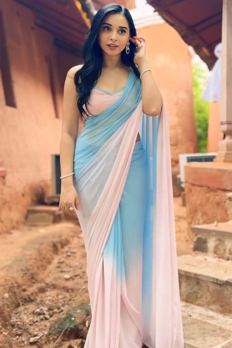 Beauteous 1-Minute Ready To Wear Sky and Baby Pink Georgette Saree