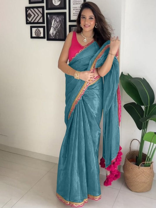 Captivating Firozi Tissue Silk Saree With Enticing Blouse Piece