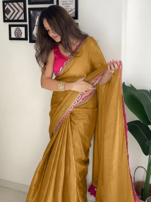 Petrichor Mustard Tissue Silk Saree With Pleasurable Blouse Piece