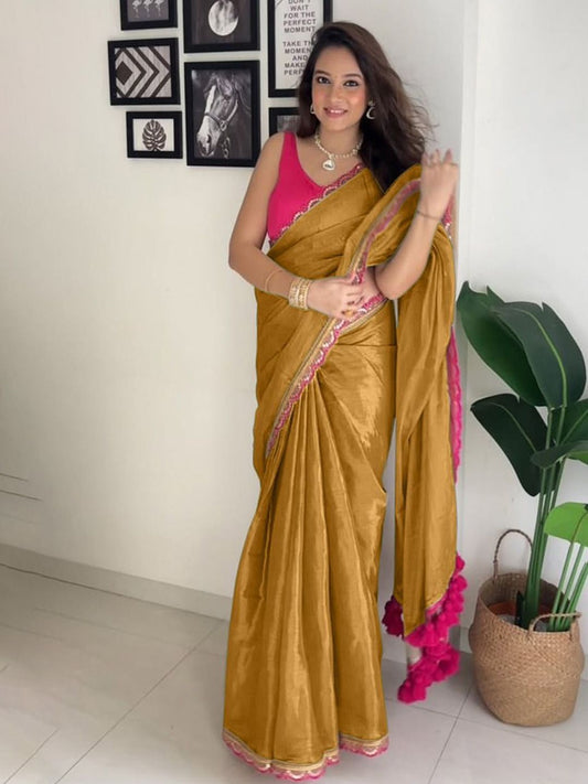 Petrichor Mustard Tissue Silk Saree With Pleasurable Blouse Piece