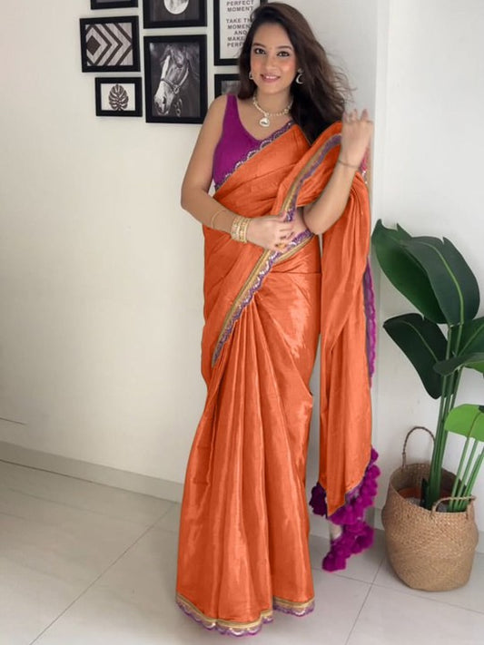 Luxuriant Orange Tissue Silk Saree With Incomparable Blouse Piece