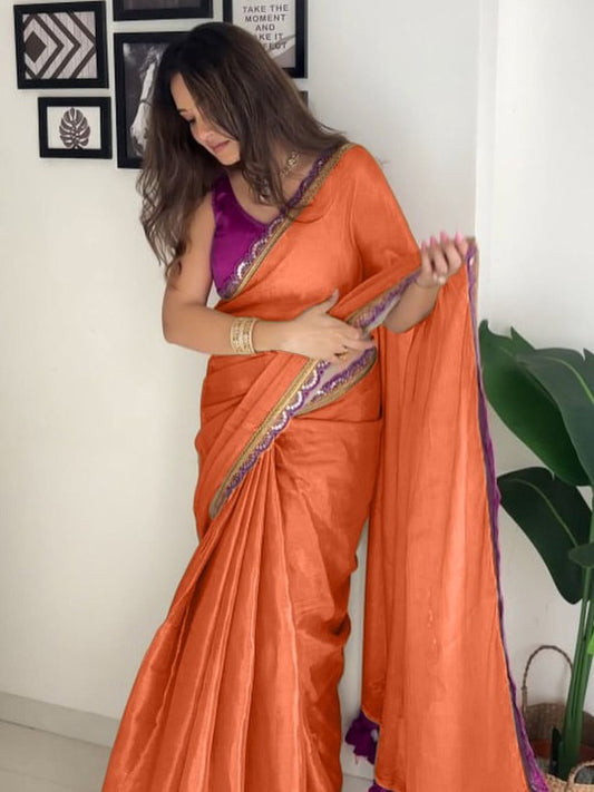 Luxuriant Orange Tissue Silk Saree With Incomparable Blouse Piece