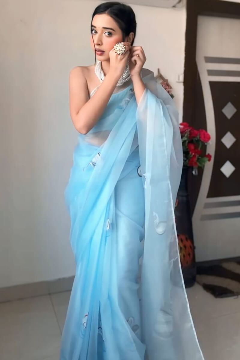 Beautiful 1-Minute Ready To Wear Sky Organza Silk Saree