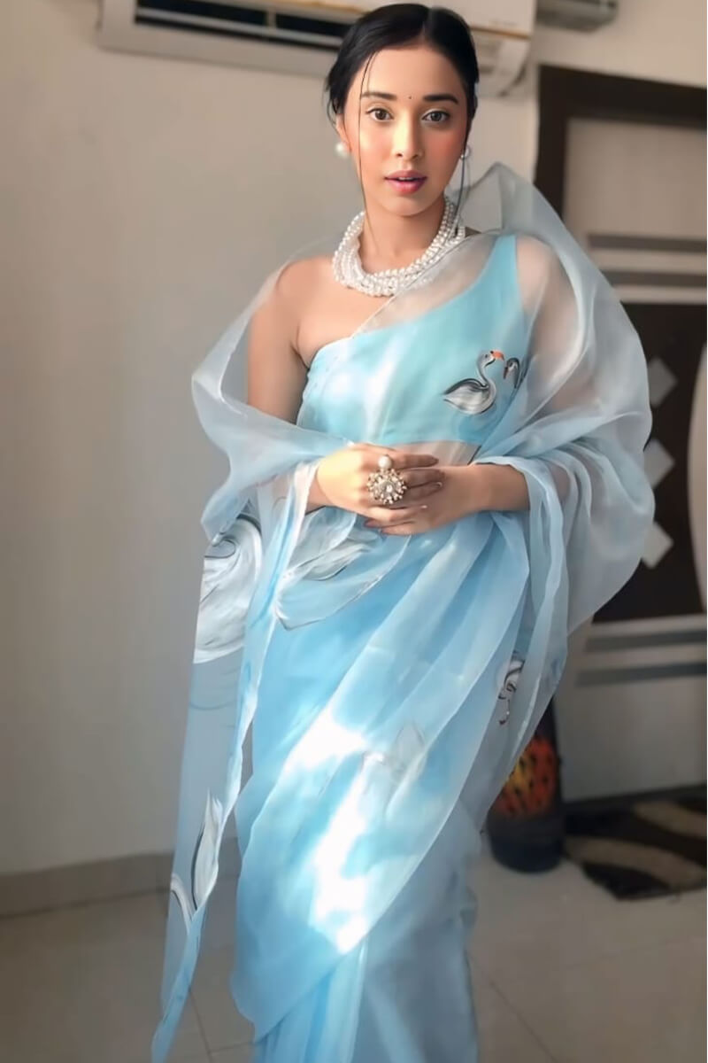 Beautiful 1-Minute Ready To Wear Sky Organza Silk Saree