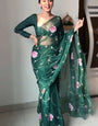 Flaunt 1-Minute Ready To Wear Dark Green Organza Silk Saree