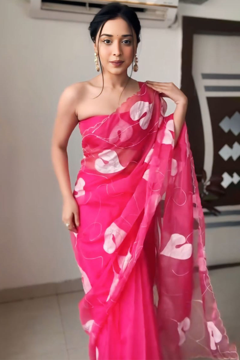 Pretty 1-Minute Ready To Wear Dark Pink Organza Silk Saree