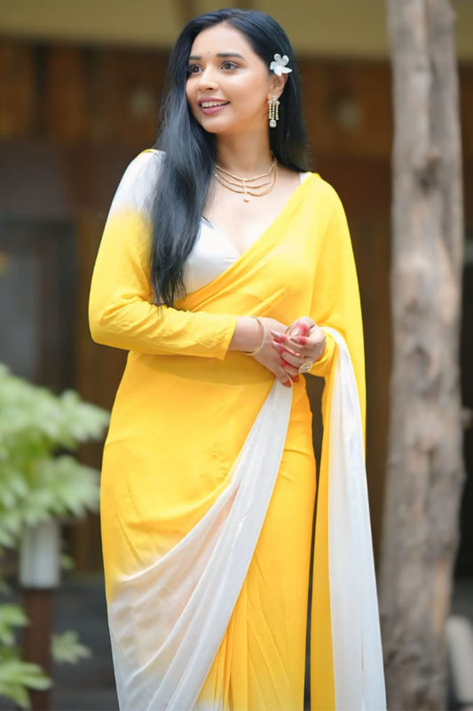 Impressive 1-Minute Ready To Wear Yellow & White Georgette Saree