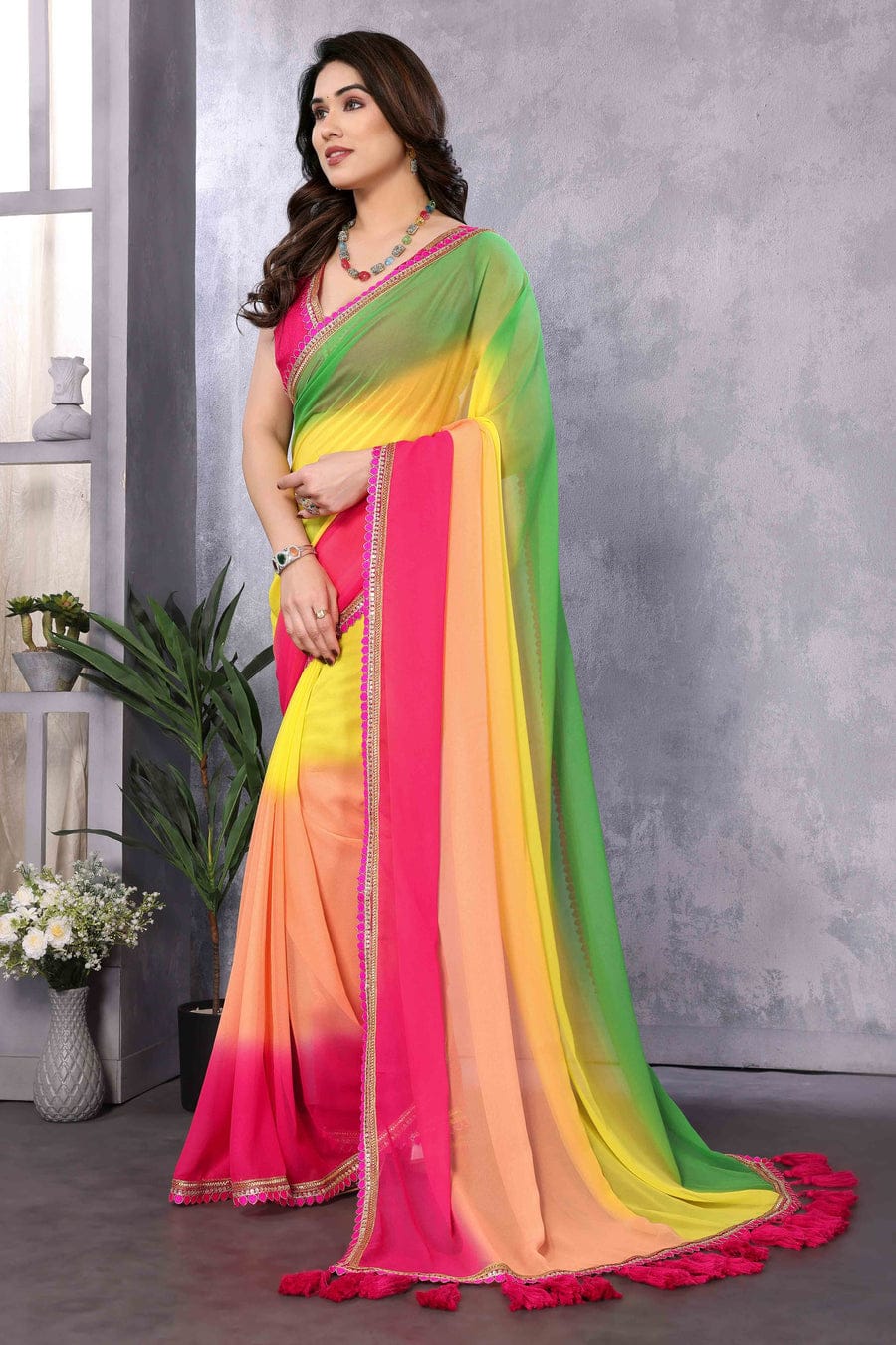 Unique 1-Minute Ready To Wear Pink and Green Georgette Saree