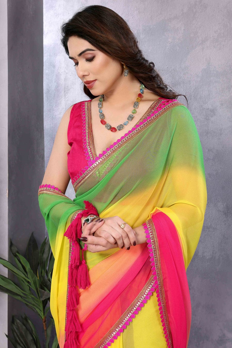 Unique 1-Minute Ready To Wear Pink and Green Georgette Saree