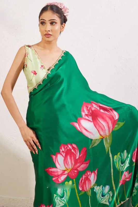 Capricious 1-Minute Ready To Wear Dark Green Satin Silk Saree