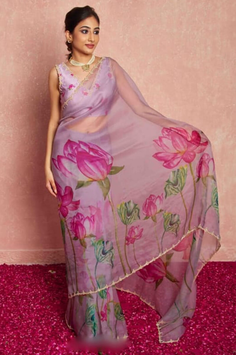 Demanding 1-Minute Ready To Wear Lavender Organza Silk Saree