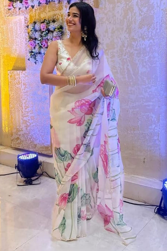Jazzy 1-Minute Ready To Wear Off White Organza Silk Saree